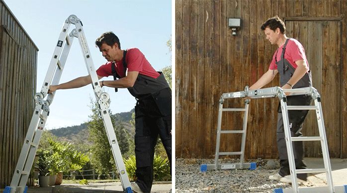 un hombre pone una escalera en forma tradicional y también como andamio para trabajar en el techo de policarbonato.