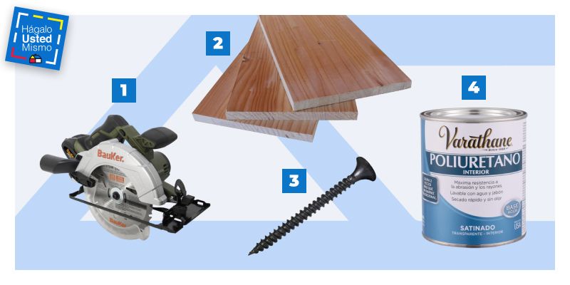 sierra circular inalámbrica, madera laminada, tornillos y barniz poliuretano para hacer muebles organizadores de baño para lavamanos.