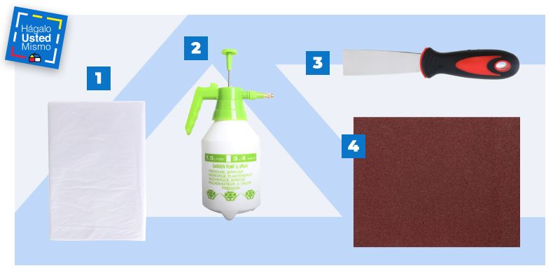 protector plástico, pulverizador de agua, espátula y una lija para sacar papel mural fácilmente.