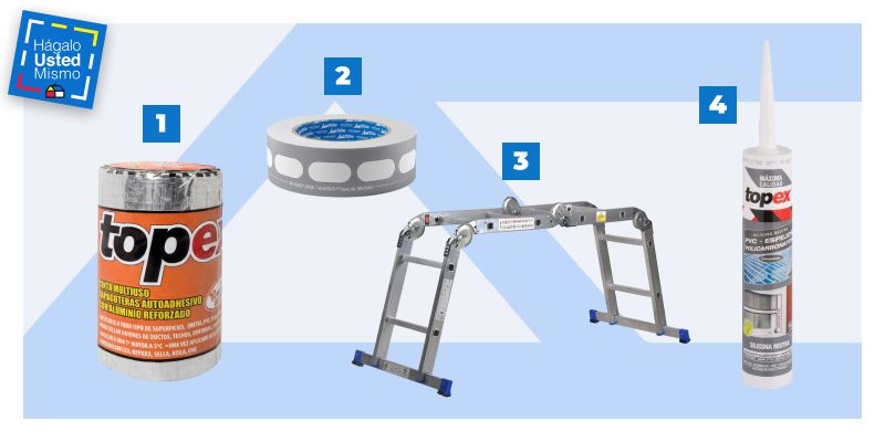 cinta tapagoteras Topex, cinta protectora, escalera y silicona neutra para reparar un techo de policarbonato.
