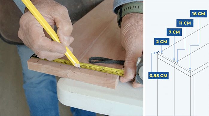 un hombre marca las 4 perforaciones necesarias en la cubierta para unir la pata del mueble de arrimo.