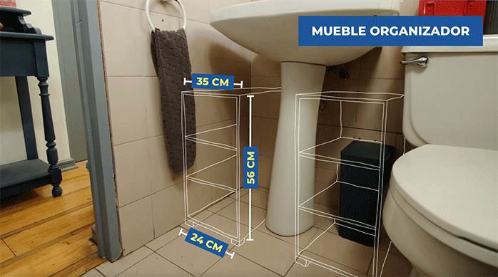 gráficas que muestran 2 muebles organizadores para baño y sus dimensiones.