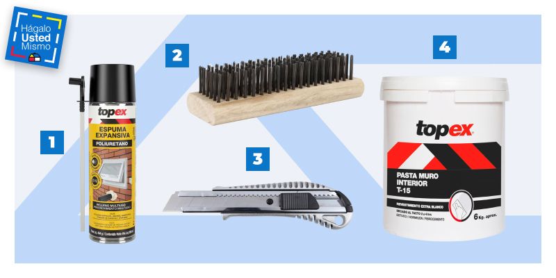 espuma de poliuretano expandido, escobilla de acero, cuchillo cartonero y pasta muro para interior para reparar grietas en muros y cielos.