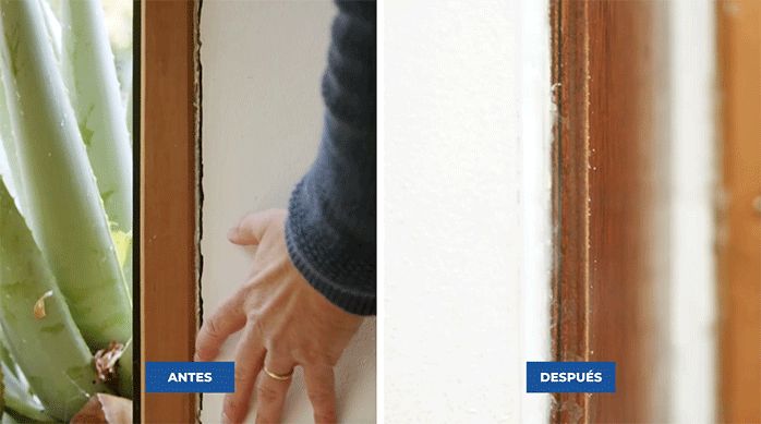 el antes y el después de un muro con grietas que fue reparado con espuma de poliuretano para paredes.