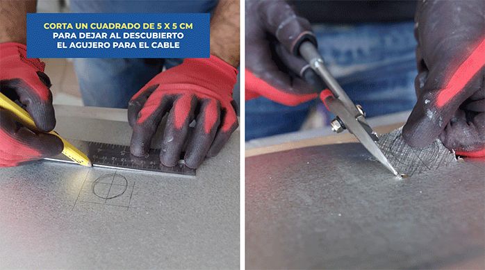 un hombre corta un cuadrado en una plancha de zinc con una tijera hojalatera.