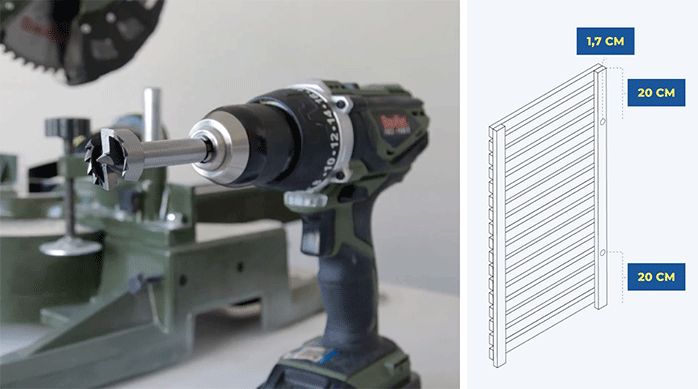 un taladro con una broca para bisagras de 26 mm.
