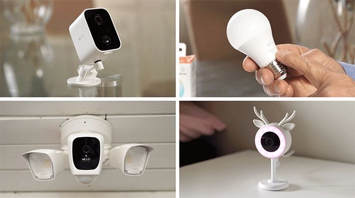 cámara de seguridad con batería, ampolleta inteligente con wifi nexxt, cámara outdoor nexxt para exterior y cámara infantil de seguridad.