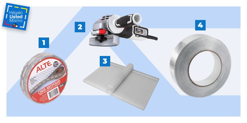 cinta protectora para policarbonato alveolar, esmeril angular, kit para techo de policarbonato alveolar top click y cinta protectora de aluminio para policarbonato alveolar. Es una selección de productos que se necesitan para instalar un kit policarbonato alveolar para pérgolas.