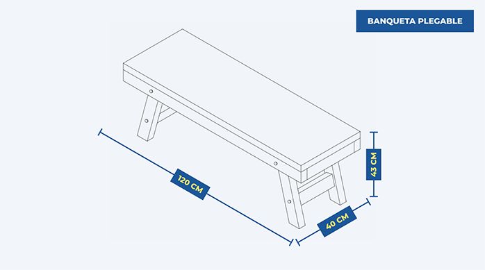 gráfica que muestra el diseño y dimensiones de una banca plegable.