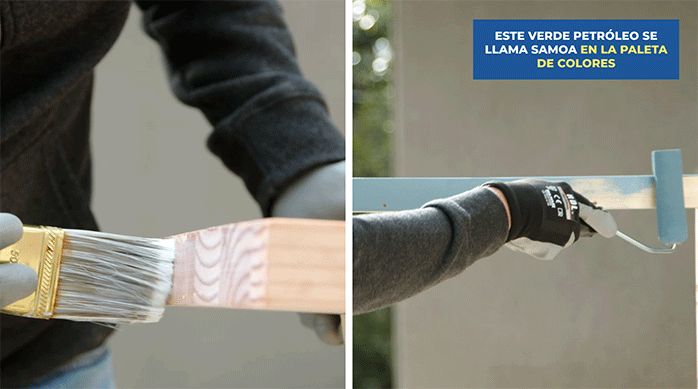 un hombre aplica barniz poliuretano y esmalte al agua en la banca plegable.