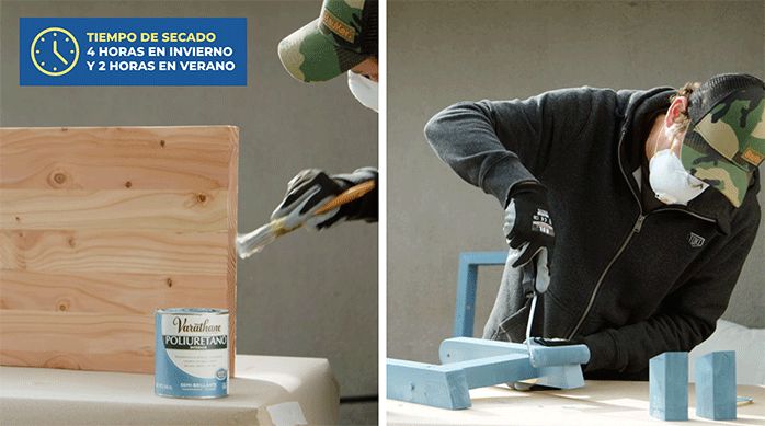 un hombre aplica barniz poliuretano y esmalte al agua en el banca plegable.