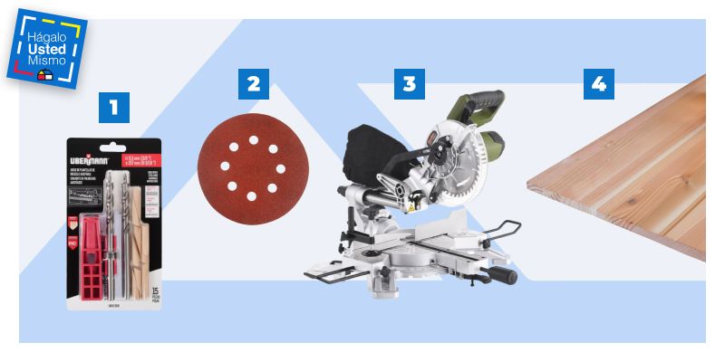 kit para perforación de bolsillo, lija, sierra ingleteadora y un trozo de madera pino oregón para construir una banca plegable.