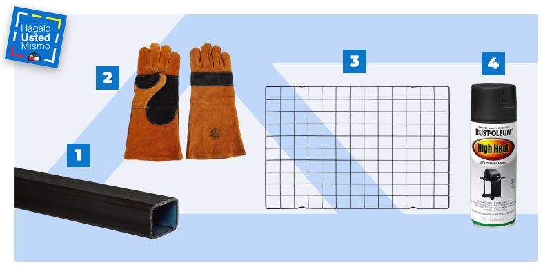 perfil metálico, guantes para soldar, parrilla y pintura en spray resistente a altas temperaturas. Es una selección de productos para hacer una parrilla de pared plegable.