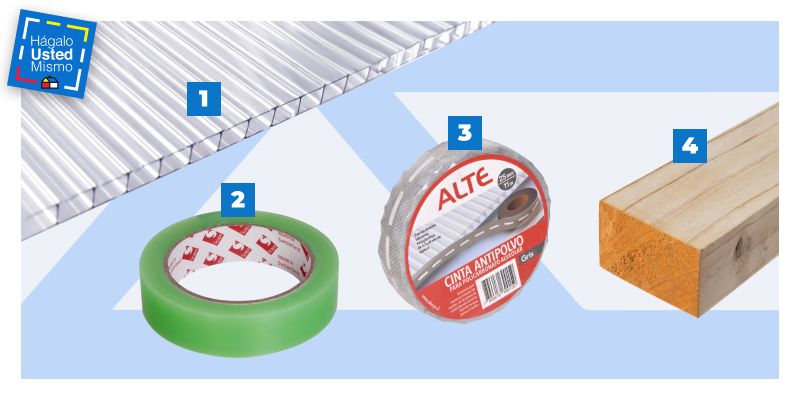 selección de productos para construir un alero de madera: policarbonato alveolar, cinta protectora para policarbonato y pino seco cepillado.
