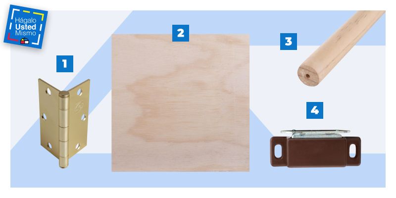 selección de productos para hacer un especiero u organizador de condimentos colgante: bisagras, trozo de mdf, barras de cortina y cierre imantado.