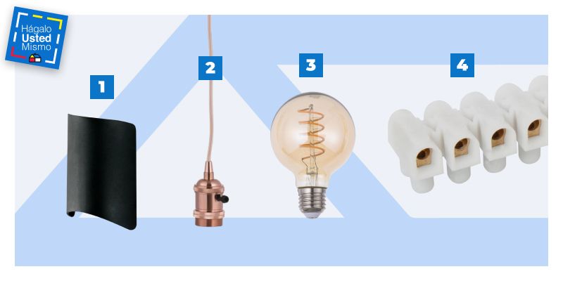 selección de productos para iluminar un quincho: apliqué, lámpara para colgar, ampolleta led con filamentos y regleta para conexión eléctrica.