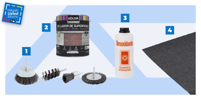 selección de productos para reparar un quincho en mal estado: cepillo metálico, sellados de superficies, desoxidante y lija para metal.