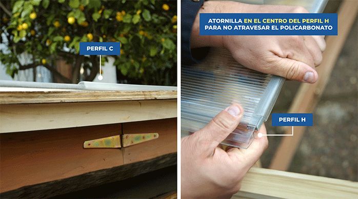 un hombre pone los perfiles tipo c y h para armar el policarbonato alveolar del alero de madera.