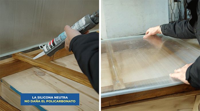 un hombre aplica un cordón de silicona en el alero de madera para pegar el policarbonato alveolar.