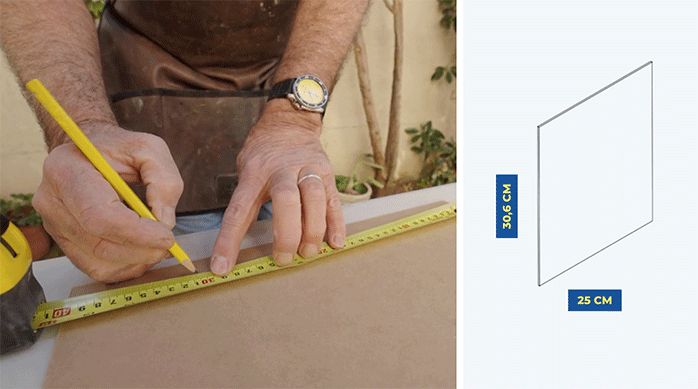 una persona marca un trozo de madera para hacer un especiero colgante.