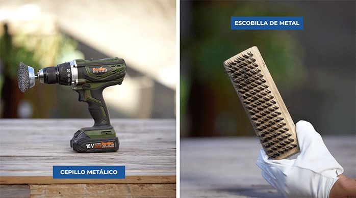 un cepillo metálico y una escobilla de metal para reparar un quincho en mal estado.