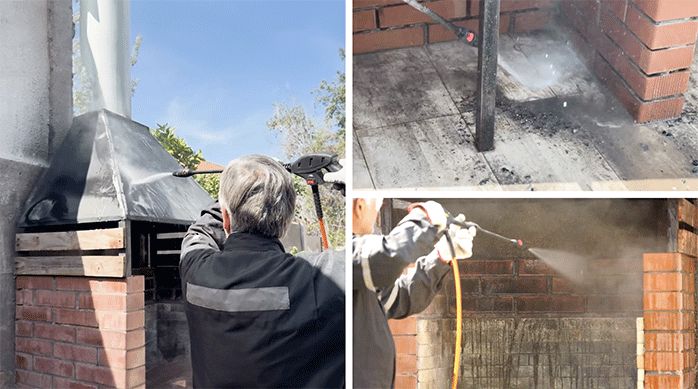 un hombre limpia la campana y otras superficies del quincho con una hidrolavadora.
