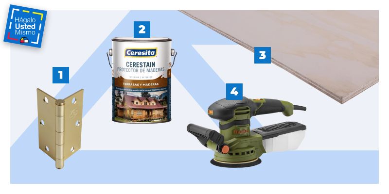 selección de productos para hacer una barra plegable para la terraza: bisagra, barniz poliuretano, lijadora roto orbital y terciado de mueblería.