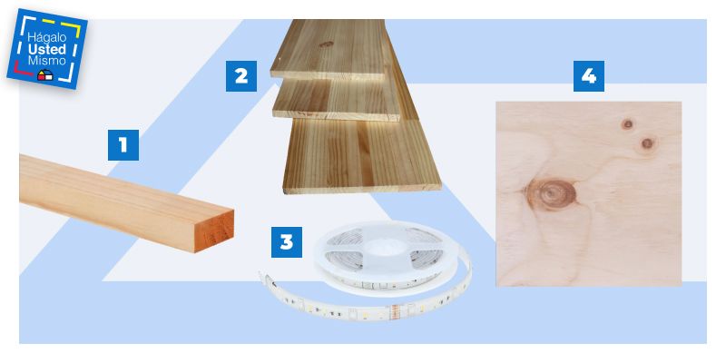 selección de productos para hacer una cabecera para cama con luces led: pino seco cepillado, repisas laminadas de madera, cinta de luces led y terciado de mueblería.