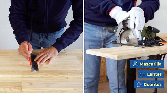 un hombre marca una repisa de madera para cortarla con la sierra circular.