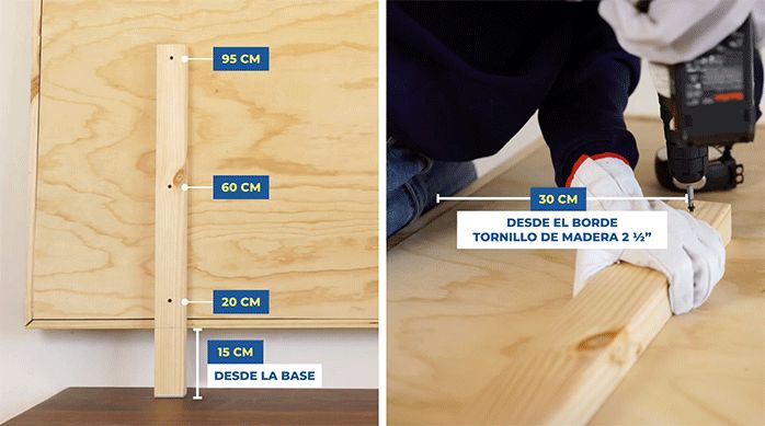 un hombre fija las patas del respaldo de cama usando tornillos para madera de 2 1/2".