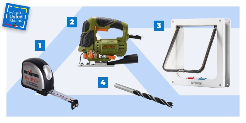 selección de productos para instalar una puerta para mascotas: huincha para medir, sierra caladora, broca para madera y puerta para mascotas.