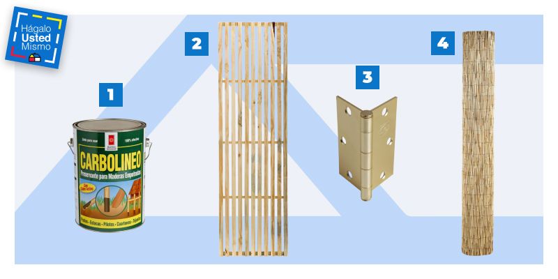 selección de productos para hacer un enrejado de madera: carbolineo preservante, enrejado de madera, bisagras y malla de caña.