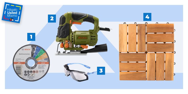 selección de productos para instalar un deck de madera en un balcón: disco de corte, sierra caladora, anteojos de seguridad y palmetas de deck de madera.
