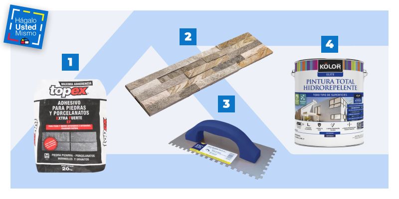 selección de productos para renovar una fachada: adhesivo para piedra y porcelanato, piedra natural en palmetas, llana dentada y esmalte al agua hidrorrepelente.