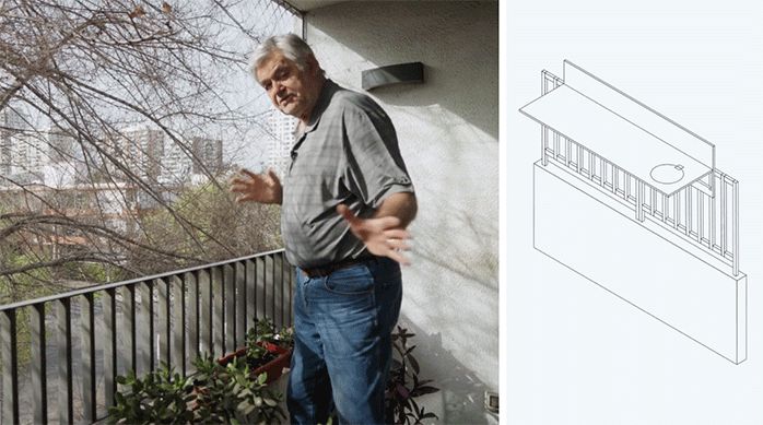 un hombre en un balcón junto a una gráfica que muestra el proyecto de barra plegable.