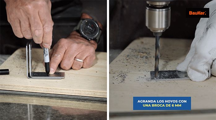 un hombre marca unas escuadras metálicas y luego las perfora usando una broca para metales.