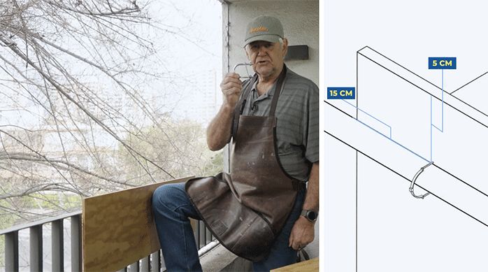un hombre muestra un perno en U, ideal para balcones o terraza con barandas ovaladas.