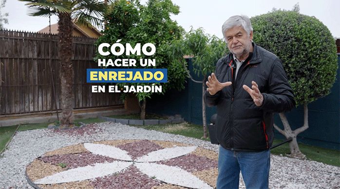 un hombre en un jardín de piedras listo para enseñar cómo hacer un enrejado de madera en el jardín.