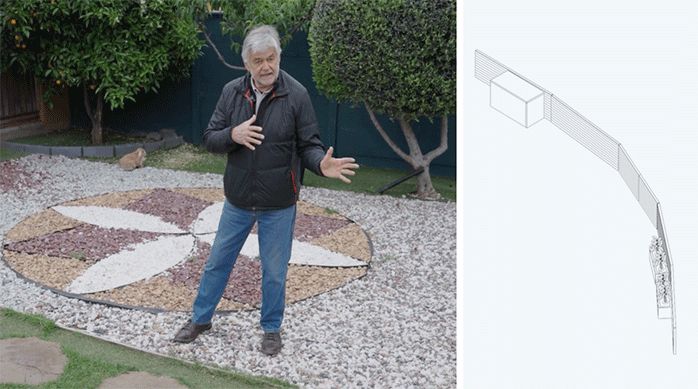 un hombre sobre un jardín de piedras explicando el proyecto y al lado una gráfica que muestra el enrejado de madera.