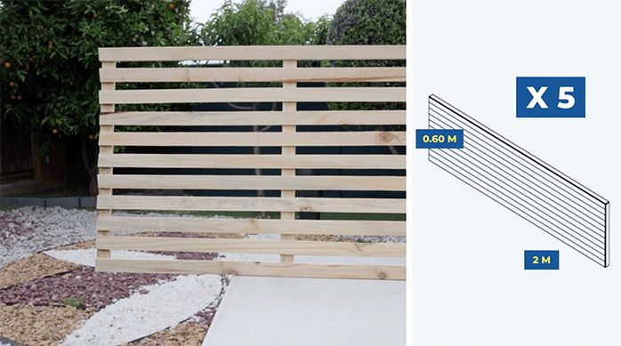 se muestra el enrejado de madera que se usará para separar el jardín junto a un gráfica que muestra sus dimensiones.