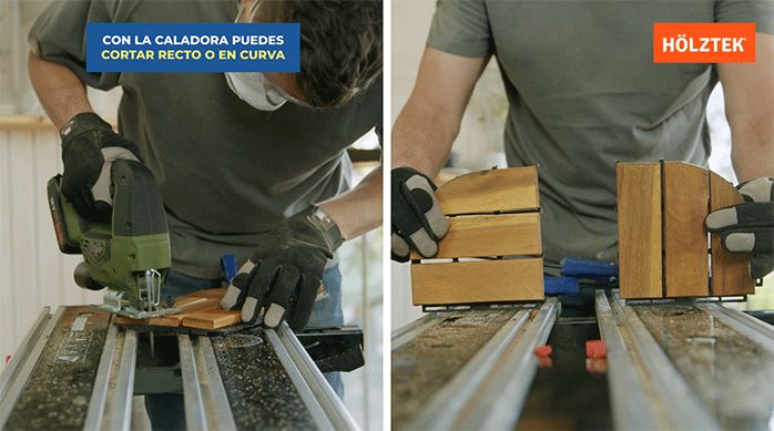 un hombre con guantes de seguridad corta una palmeta de deck de madera usando una sierra caladora.