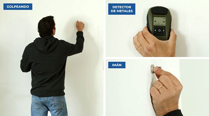 un hombre usa tres métodos distintos para identificar dónde están los pies derechos de un muro: golpeando, con un detector de metales y un imán.