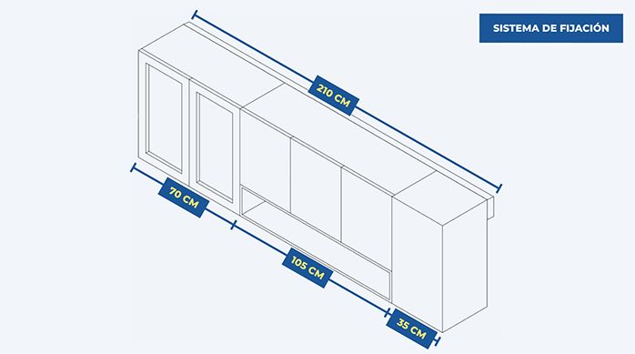 un dibujo que muestra tres muebles flotantes o aéreos para cocina y sus longitudes.
