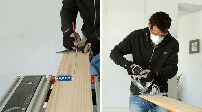 un hombre usa una sierra circular para cortar un listón de madera en ángulo de 45 grados por todo su largo.