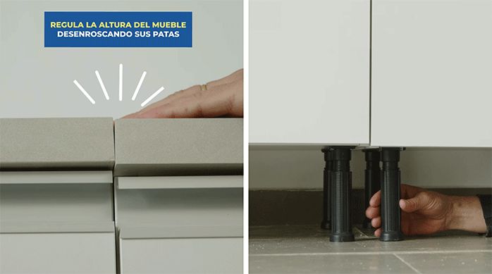 un hombre hace calzar las cubiertas de los muebles modulares base desenroscando sus patas.