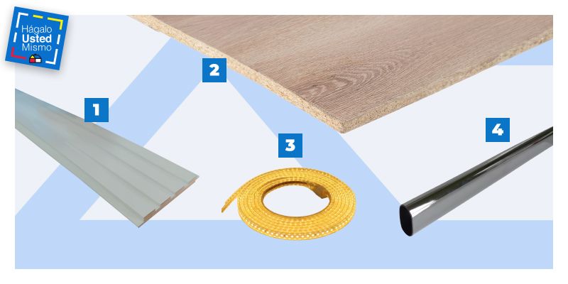 selección de productos necesarios para hacer un clóset con veladores: wall panel, melamina roble cava de 15 mm, cinta de luces led y barra para clóset.