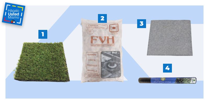 una selección de productos para hacer un jardín de pasto sintético y piedras: pasto sintético, saco de piedra, pastelón y malla antimaleza.