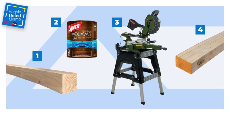 selección de productos para construir una mesa para juegos: pino seco cepillado, barniz poliuretano y sierra ingleteadora.