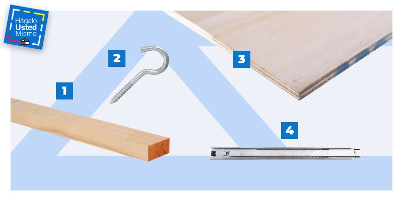 selección de productos para hacer un mueble para ollas, sartenes y tapas: pino seco cepillado, cáncamos, terciado mueblería y rieles telescópicos.