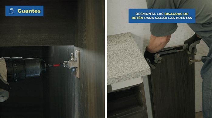 un hombre desatornilla las bisagras de las puertas de un mueble de cocina y desmonta las puertas.